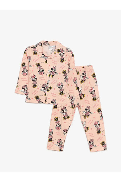 LCW baby Gömlek Yaka Uzun Kollu Minnie Mouse Baskılı Kız Bebek Pijama Takım