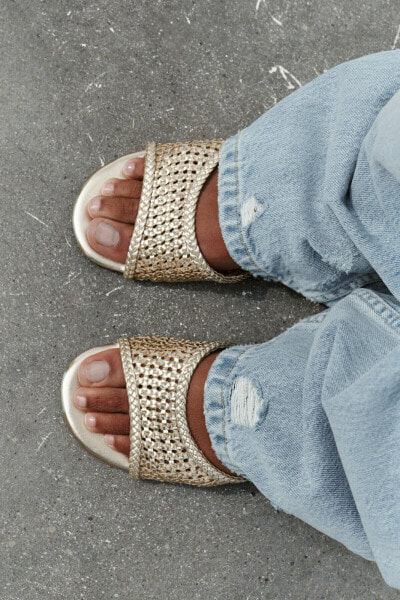 Braided metallic flat slider sandals