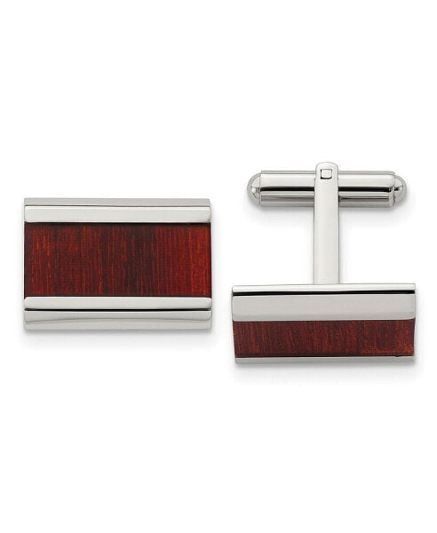 Stainless Steel Polished Red Koa Wood Inlay Rectangle Cufflinks