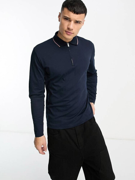 Selected Homme cotton mix long sleeve polo with zip in navy