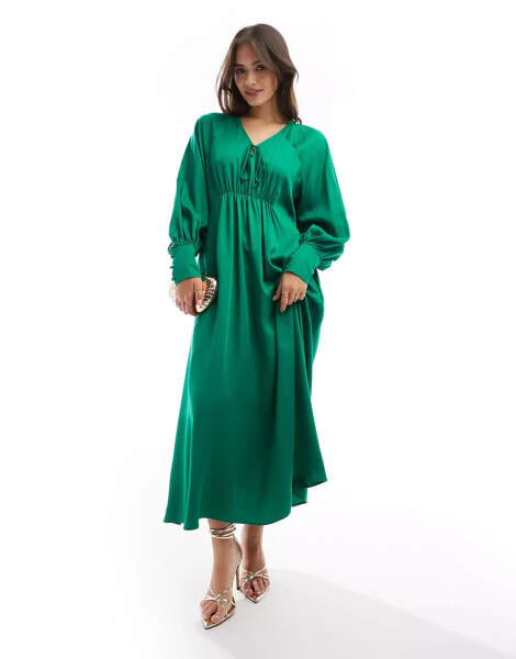 & Other Stories maxi dress with tie front v-neckline and long sleeves in green