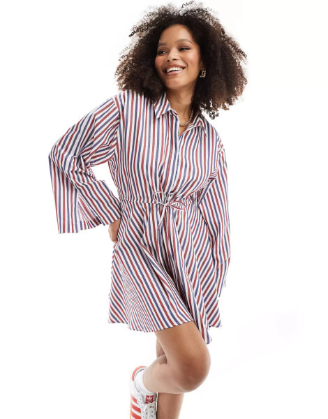 ASOS DESIGN mini shirt dress with ruched belt detail in multi stripe