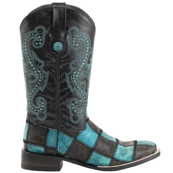 Ferrini Patchwork Embroidered Square Toe Cowboy Mens Black, Blue Casual Boots 1