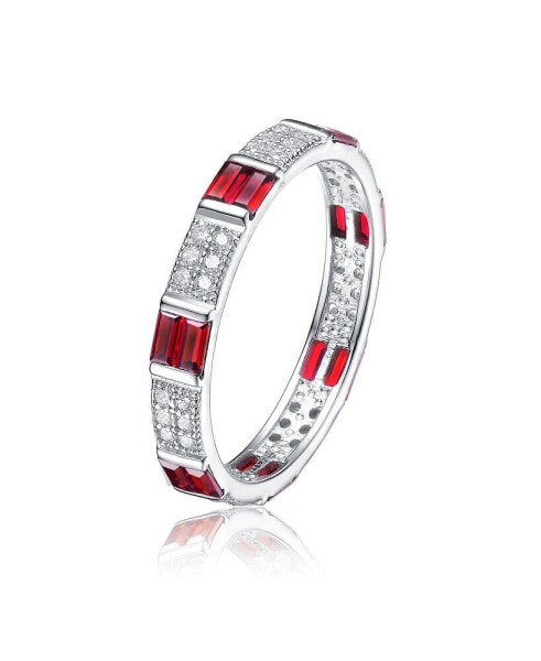 Sterling Silver White Gold Plated with Ruby Baguette & Round Cubic Zirconia Eternity Wedding Band Stacking Ring