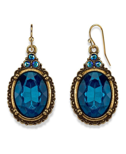 Burnished Brass-Tone Indicolite Blue Color and Ab Accent Oval Drop Wire Earrings