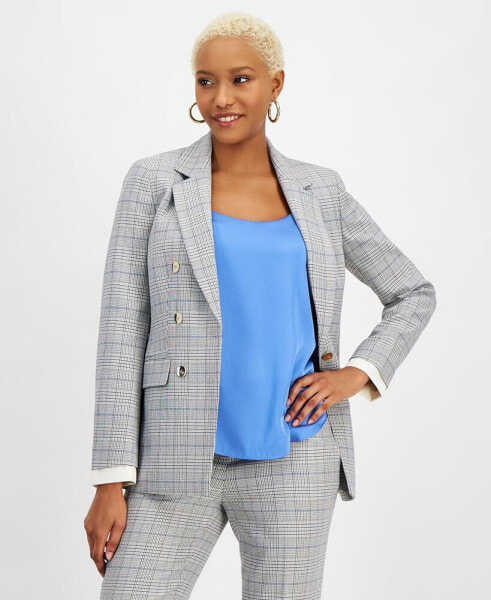 Women's Plaid Faux Double-Breasted Blazer, Created for Macy's