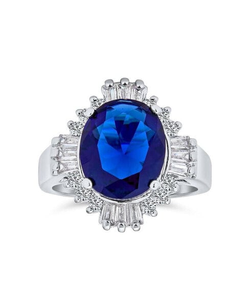Art Deco Style Royal Blue Oval Baguette Halo 6 CT AAA CZ Simulated Sapphire Solitaire Statement Engagement Ring For Women Rhodium Plated