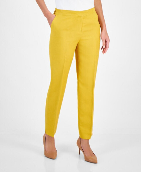 Petite Linen-Blend Mid Rise Straight-Leg Zip-Front Pants