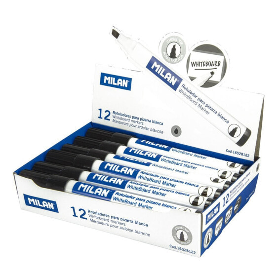MILAN Box 12 Black Whiteboard Markers With Chisel Tip (1 4 Mm)