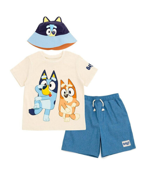 Toddler Boys T-Shirt Chambray Shorts and Twill Bucket Sun Hat 3 Piece Outfit Set to