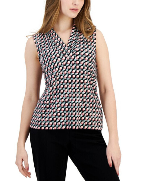 Petite Printed Pleated V-Neck Top
