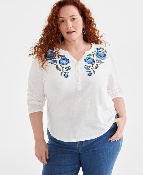 Plus Size Floral-Embroidered Henley Top, Created for Macy's