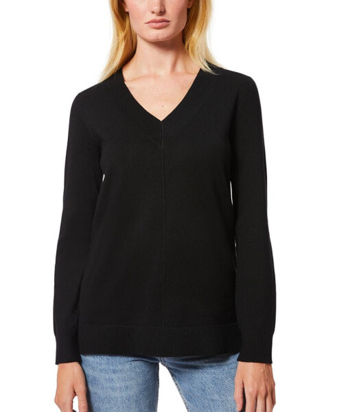 Women's Ribbed Seamed Long-Sleeve High-Low-Hem V-Neck Sweater