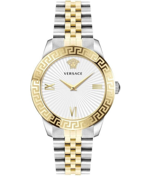 Versace Greca Signature Damenuhr Silber Gold Edelstahl Weiß Zifferblatt 38mm VEVC00519