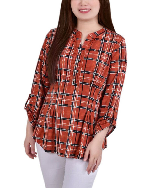 Petite Plaid Y Neck Top