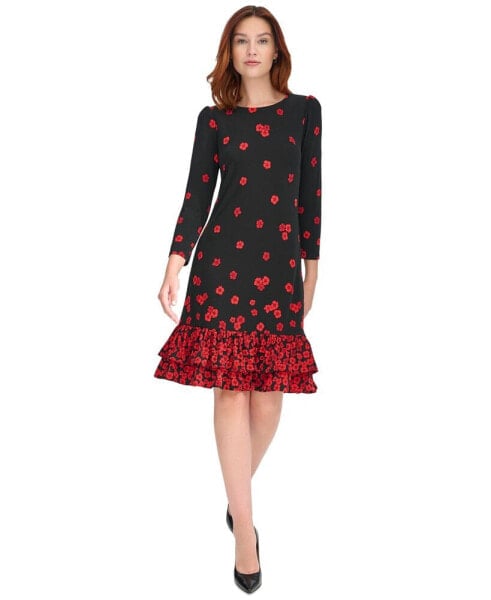 Women's 3/4-Sleeve Flounce-Hem Dress