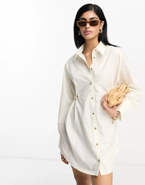 ASOS DESIGN utility mini shirt dress with tab waist with horn buttons in cream