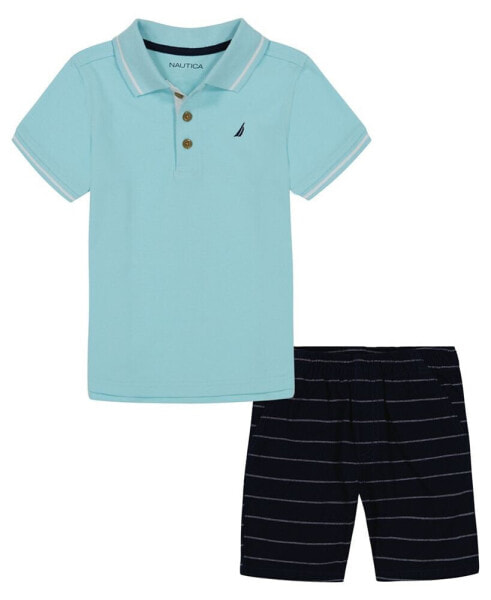 Toddler Boys Tipped Pique Polo Shirt and Oxford Stripe Shorts, 2 Pc Set