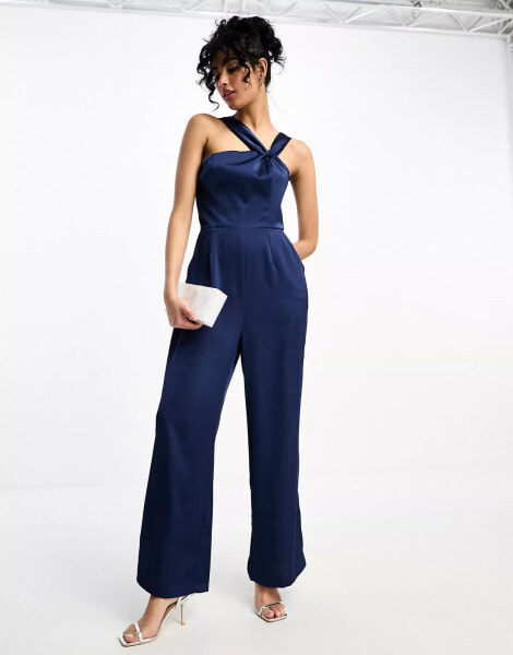 Little Mistress asymmetrical satin jumpsuit in navy blue