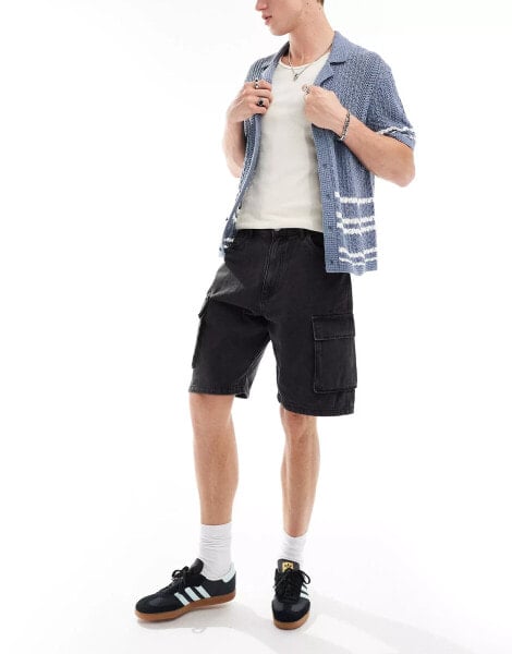 ADPT loose fit denim cargo shorts in washed black