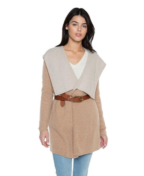 Women's 100% Pure Cashmere Long Sleeve 2-tone Double Face Cascade Open Cardigan Sweater