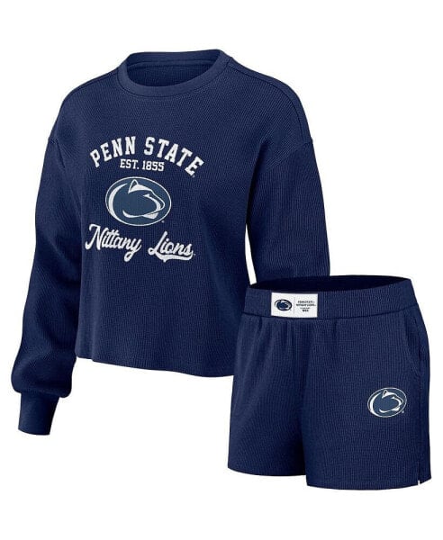 Women's Navy Distressed Penn State Nittany Lions Waffle Knit Long Sleeve T-shirt and Shorts Lounge Set