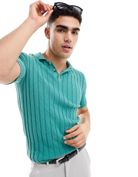 ASOS DESIGN muscle knitted textured rib polo in teal