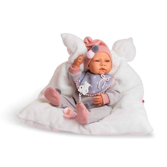 BERJUAN New Born Girl With White Pillow And Gray Wool Pajamas With Babero 45 cm