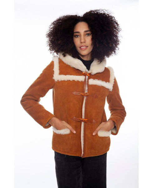 Women's Hoody Shearling Jacket, Washed Tan with White Wool