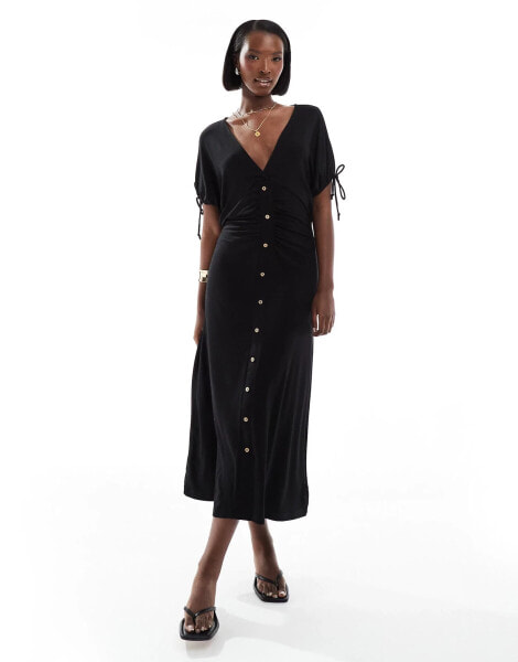 ASOS DESIGN button through midi tea dress with tie sleeve in black