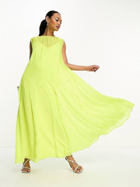 ASOS DESIGN sleeveless chiffon oversized smock dress with high godet detail in lime