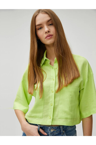 Standart Gömlek Yaka Düz Yeşil Kadın Gömlek 3sal60006ıw