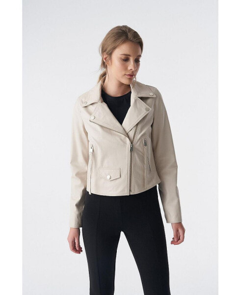 Women's Classic Biker Jacket, Beige Nappa