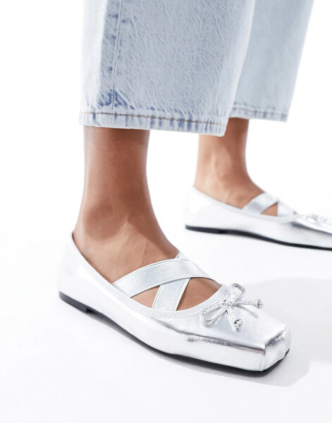 ASOS DESIGN Leverage square toe ballet in silver