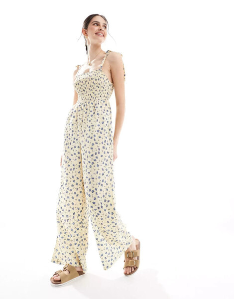 Wednesday's Girl chintzy floral shirred jumpsuit in yellow