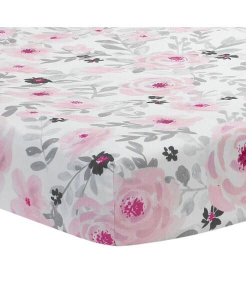 Blossom Pink/Gray Watercolor Floral Baby Fitted Mini Crib Sheet