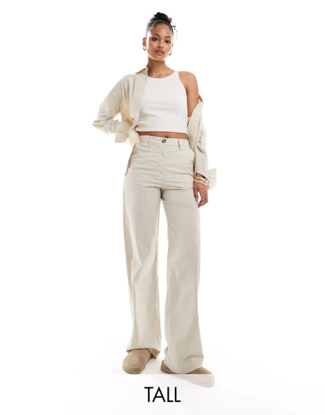 DTT Tall high waisted pinstripe trousers in light stone