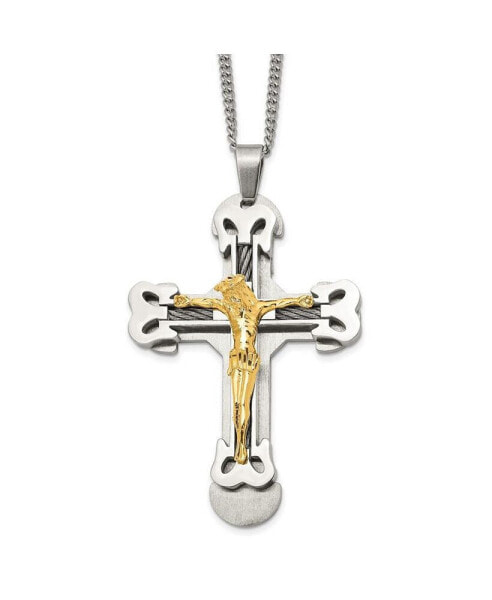 Brushed Yellow IP-plated Cable Crucifix Pendant Curb Chain