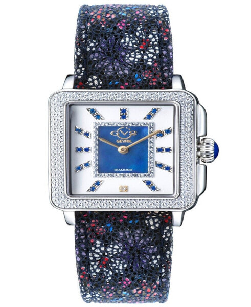 Women's Padova Gemstone Floral Swiss Quartz Italian Blue Leather Strap Watch 30mm