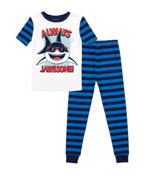 Big Boys Always Jawsome Youth Blue & Black Striped Short Sleeve Shirt & Sleep Pants Set