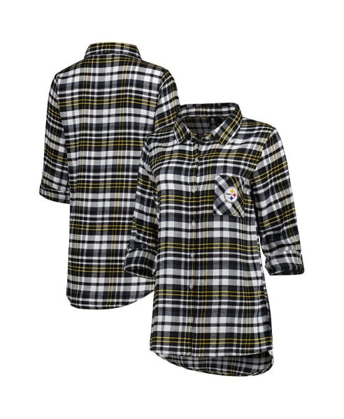 Women's Black, Gold Pittsburgh Steelers Mainstay Flannel Full-Button Long Sleeve Nightshirt