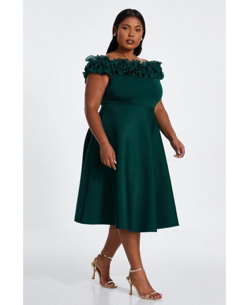 Plus Size Scuba Bardot Ruffle Skater Midi Dress