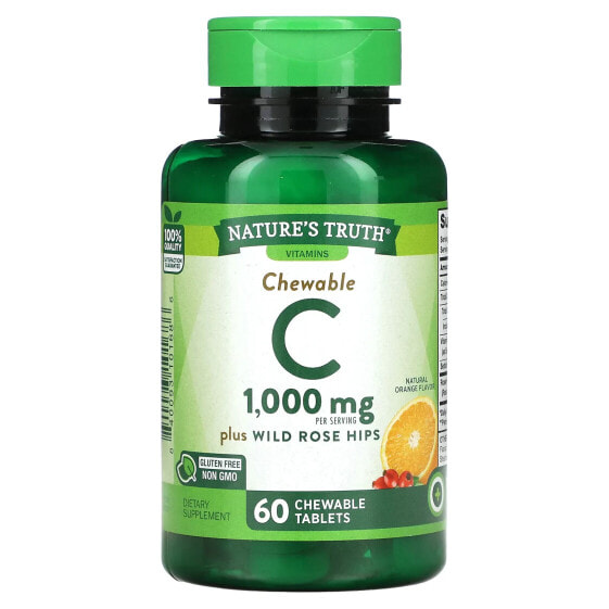 Витамин C с розовыми шипами в жевательных таблетках Nature's Truth, натуральный апельсин, 1 000 мг, 60 таблеток в упаковке (500 мг на таблетку)