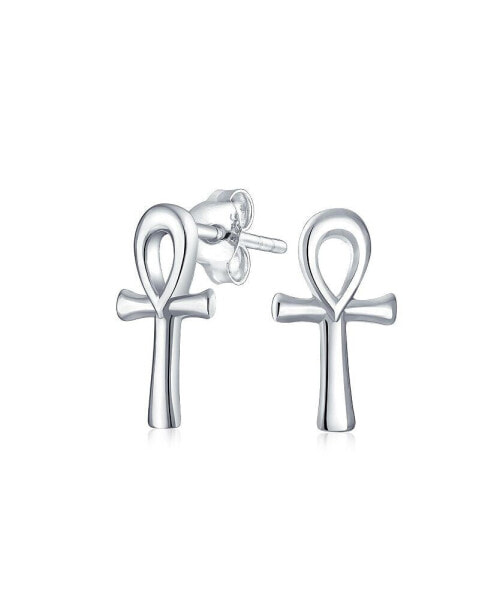 Minimalist Petite Delicate Religious Symbol of Life Egyptian Ankh Cross Stud Earrings For Women For Men Polished .925 Sterling Silver