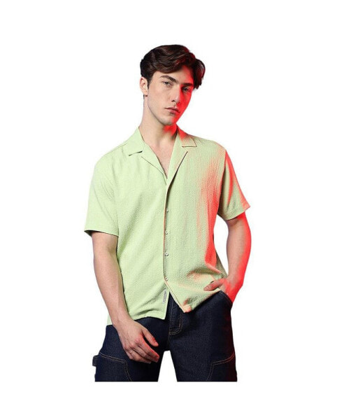 Men's Lime Green Self-Design Creased Box Shirt