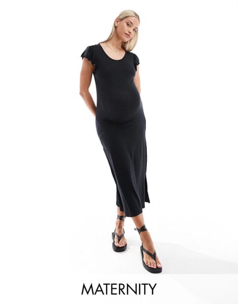 Mamalicious Maternity ruffle detail jersey midi dress in black