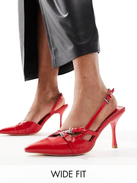Public Desire Wide Fit smoosh front strap heeled shoes in red 