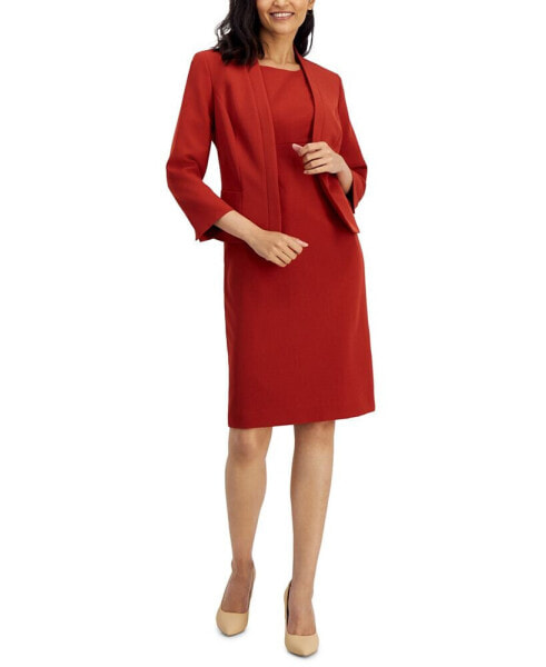 Crepe Open Front Jacket & Crewneck Sheath Dress Suit, Regular and Petite Sizes