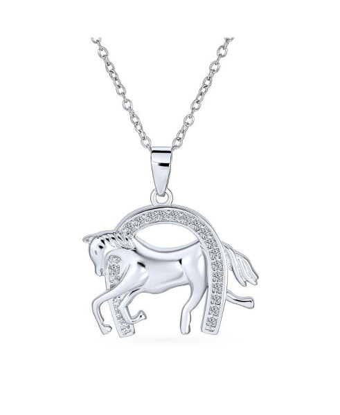 Pave CZ Cow Girl Equestrian Thoroughbred Winner Horse Pendant Horseshoe Necklace Western Jewelry For Women .925 Sterling Silver