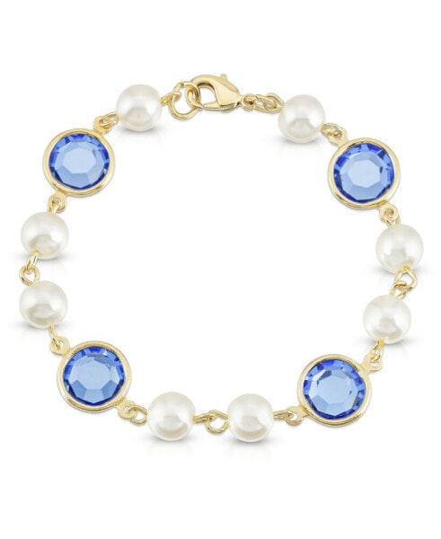 Gold-Tone Imitation Pearl with Blue Channels Link Bracelet